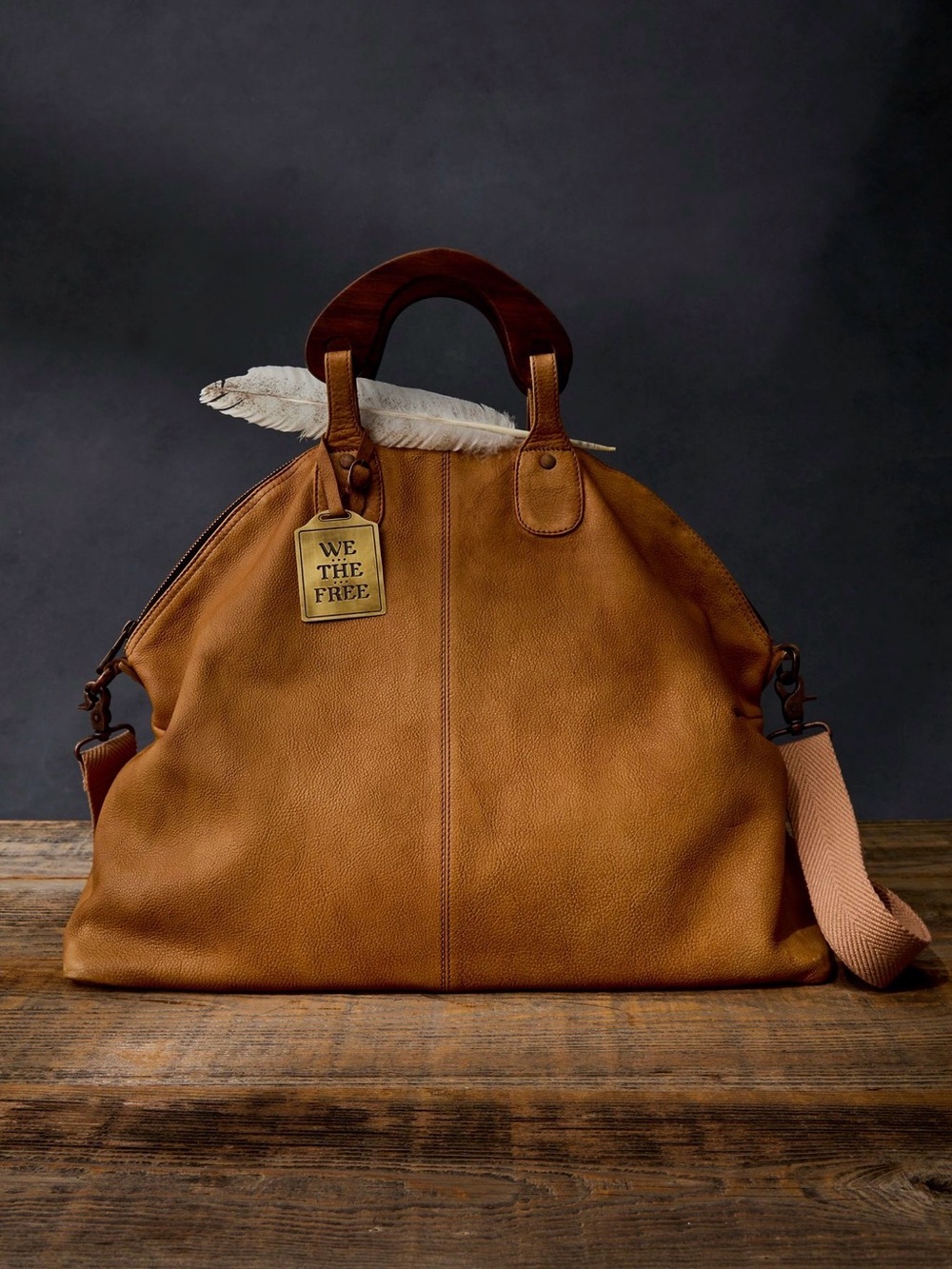 We The Free Tan Leather Willow Messenger Bag with Wooden Handle